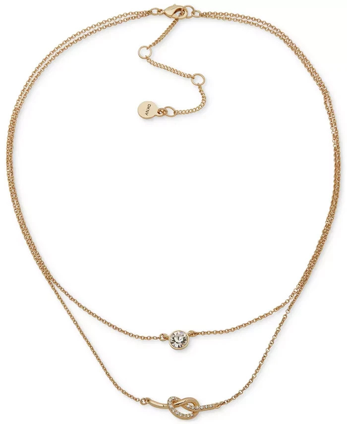 DKNY Gold Tone Crystal Solitaire & Pave Knot Layered Necklace 16+3 NWT Gift Box