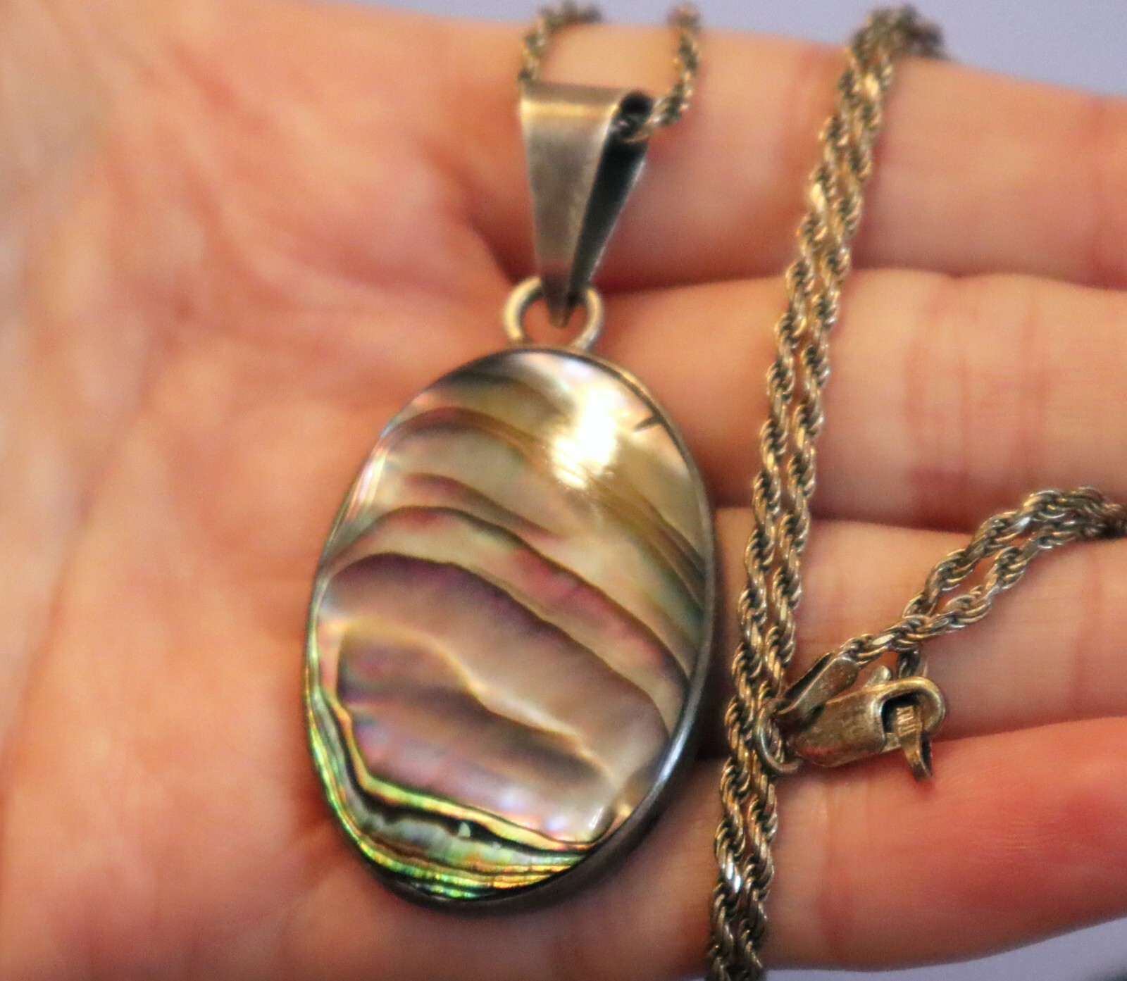 Large Vintage Abalone Shell Pendant Necklace Set Sterling Silver 20.5 in Chain