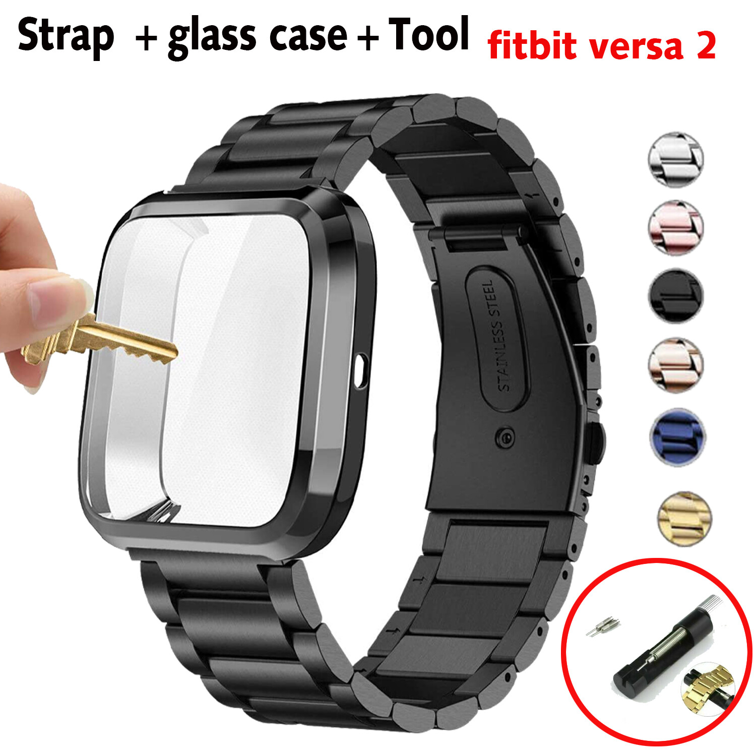 Metal Stainless Steel Watch Band Strap + Full Case Cover For Fitbit Versa 2