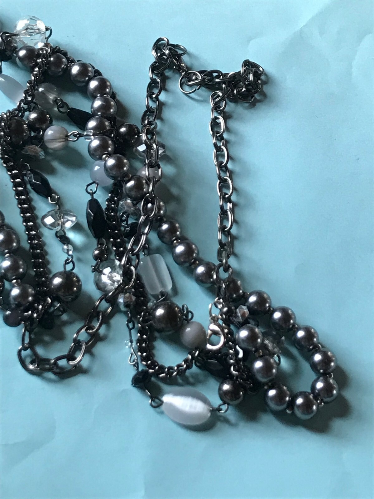 Long Oxidized Silvertone Chain w Multistrand Gray White & Black Beads Necklace