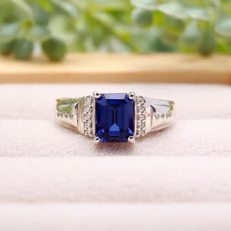 Solid 925 Sterling Silver Sapphire Engagement Ring for Men September Gift
