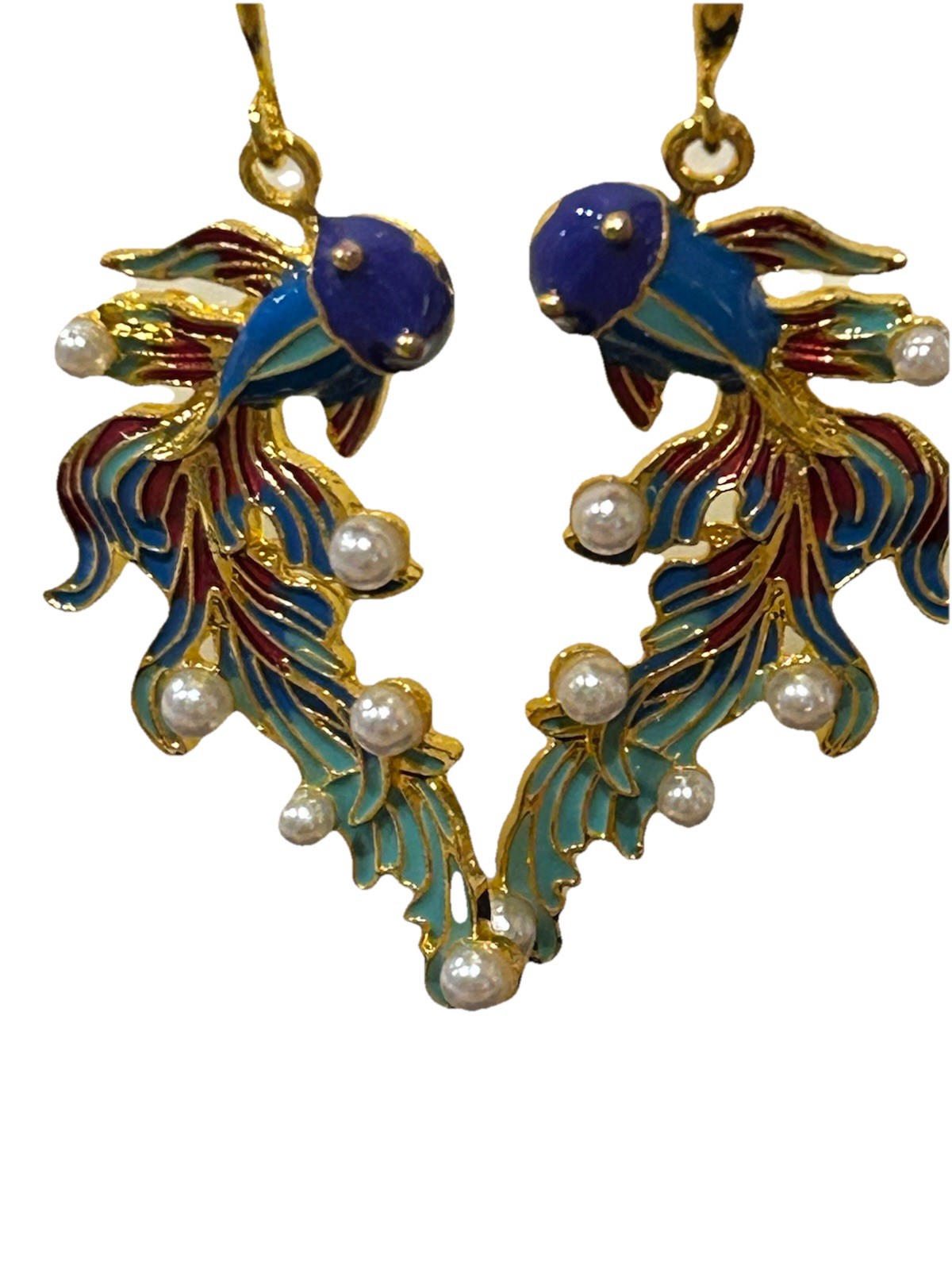 Colorful Enamel & Faux Pearl Goldtone Koi Fish Dangle Pierced Earrings, 2.5” New