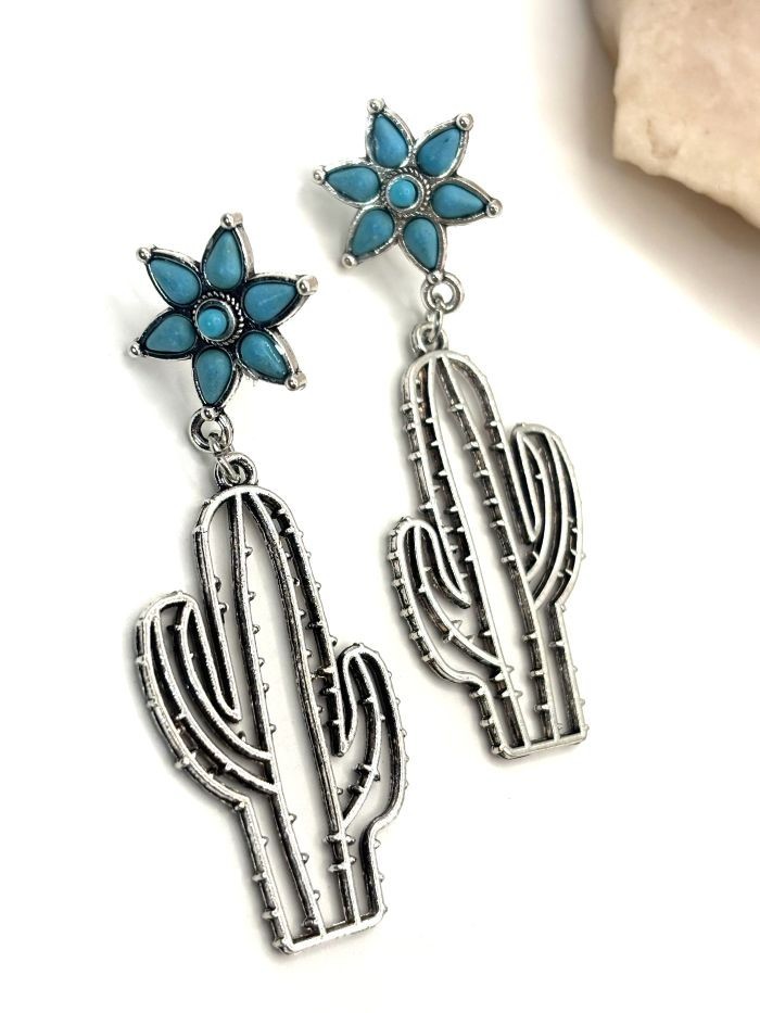 2 5/8″L Fun Southwestern Silver Cactus Outline Turquoise Beaded Flower Earrings