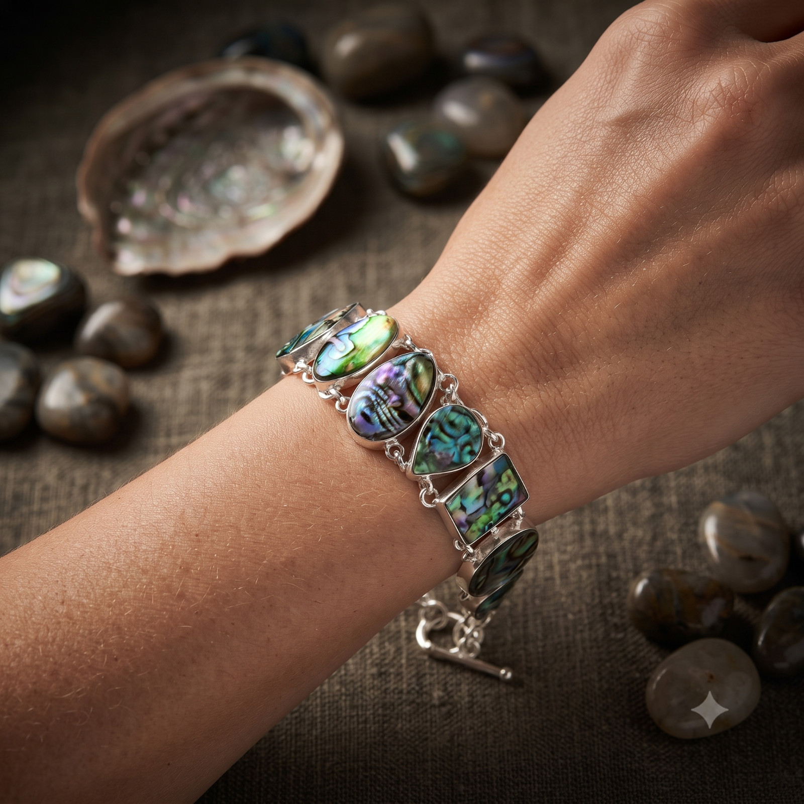 925 Silver Genuine Abalone Shell Art Deco Chain Daughter Trendy Bracelet Jewelry