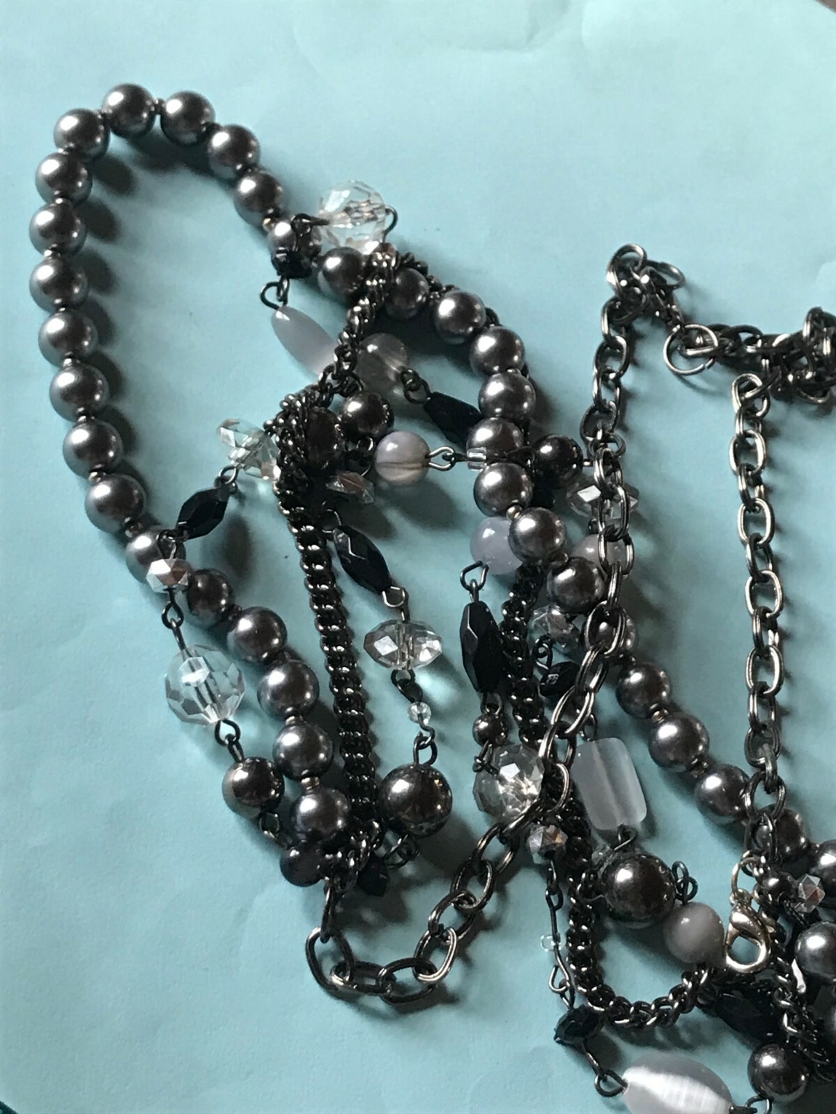 Long Oxidized Silvertone Chain w Multistrand Gray White & Black Beads Necklace