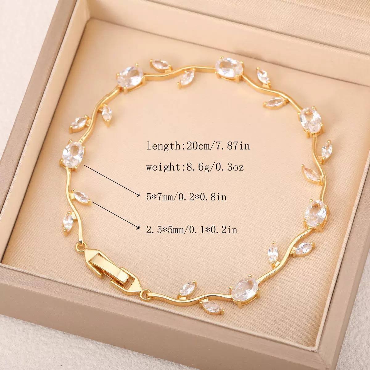 Gold Clear Crystal Leaf Vine Bracelet Copper 20cm Fashion Jewelry
