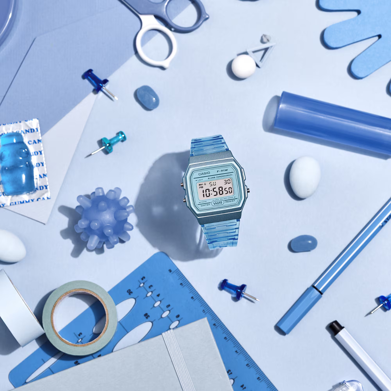 Casio F-91WS-2CF Vintage Digital Watch Blue Resin Alarm Chrono LED Light Classic