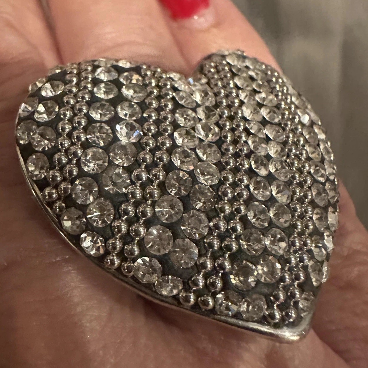Rhinestone Heart Silver Tone Bling Statement Cocktail Ring Glam Size 8 Stretch