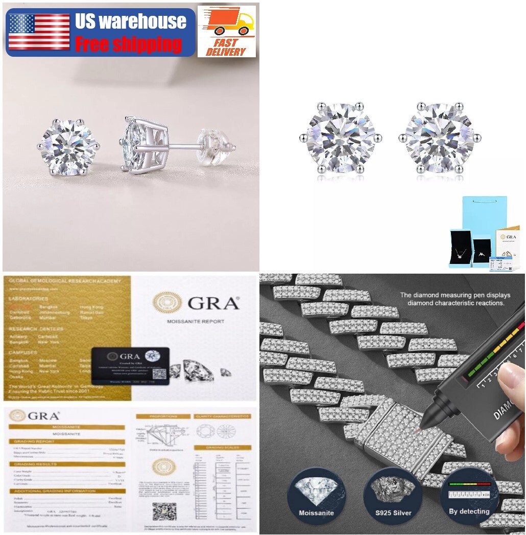 1-4CT VVS1/D Round Cut Moissanite GRA Certified Stud Earrings Solid 925 Silver
