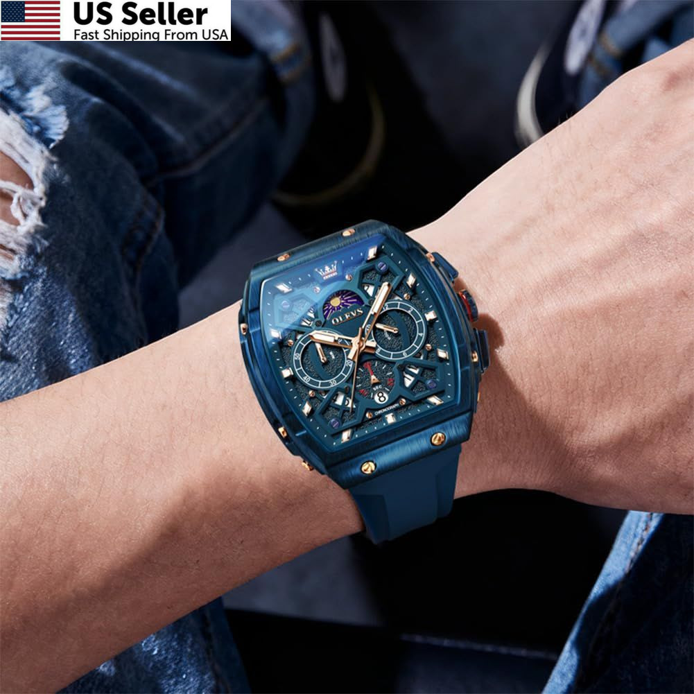 OLEVS Mens Watches Stylish Chronograph Waterproof Blue watches for men 42