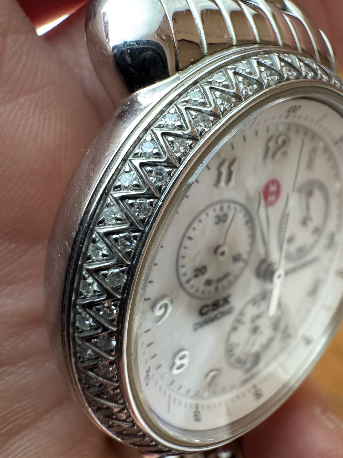 Michele CSX Diamond Bezel Mother of Pearl Chronograph Watch, 36mm • MW03M01A1025