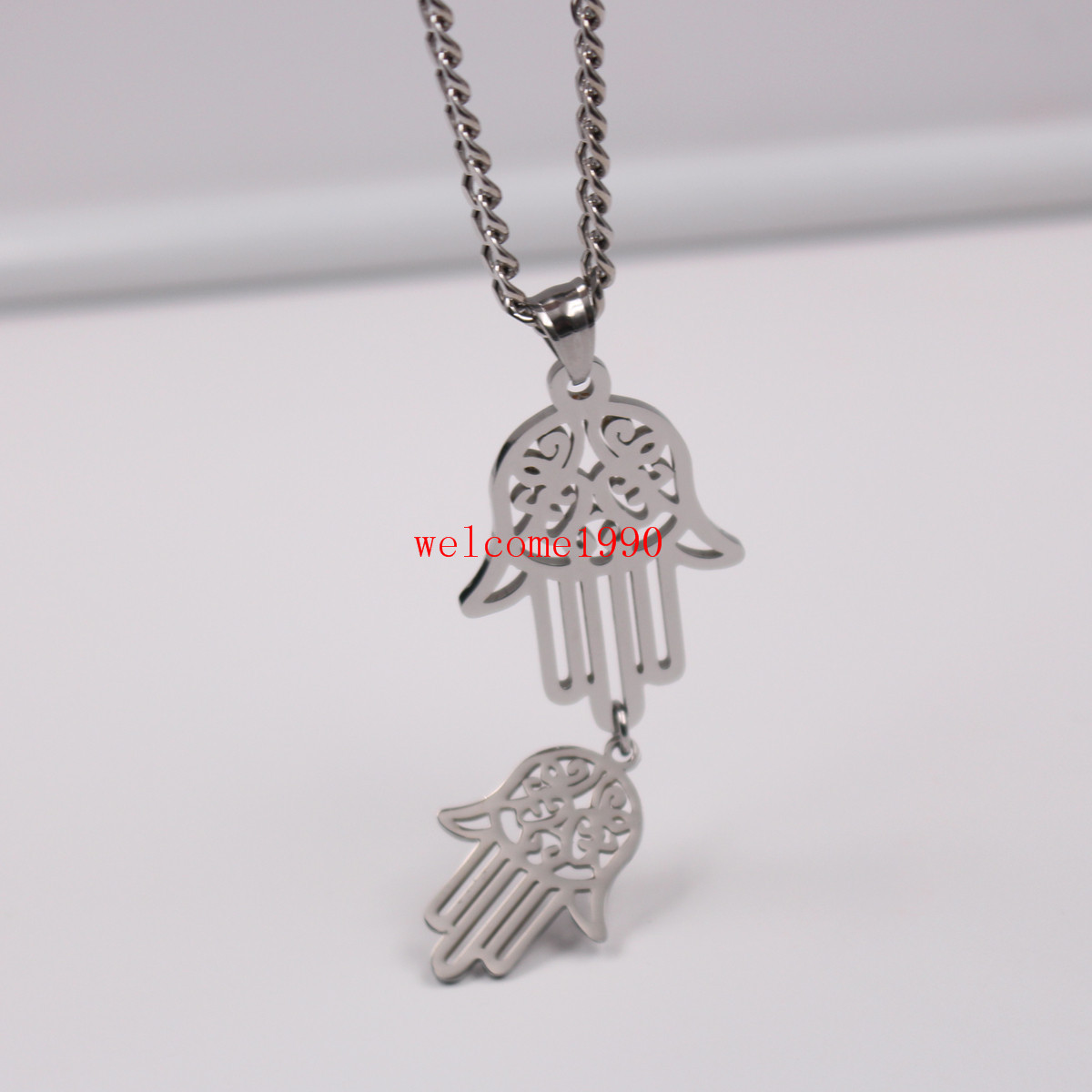 24” Pure Stainless steel Double Open Hamsa Hand Charms Pendant Men’s Necklace