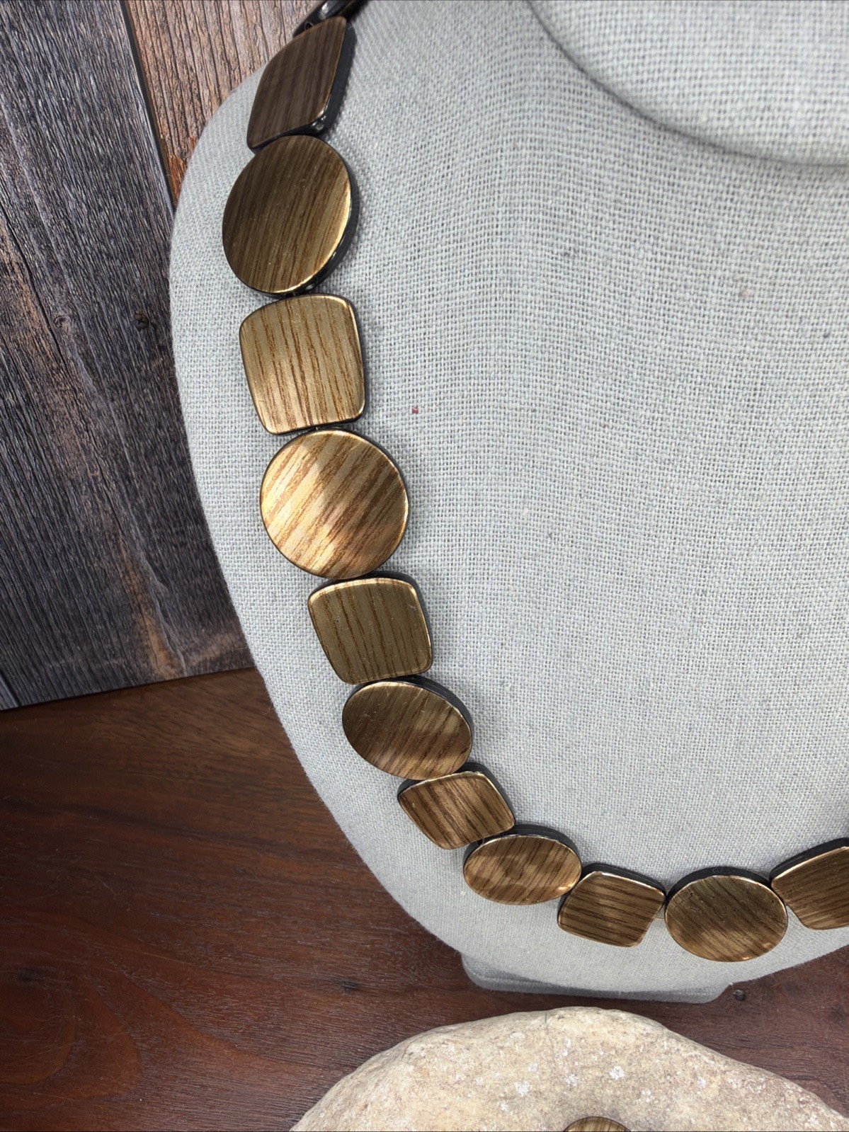 Vintage disc copper plastic wood grain bracelet, necklace & Earrings