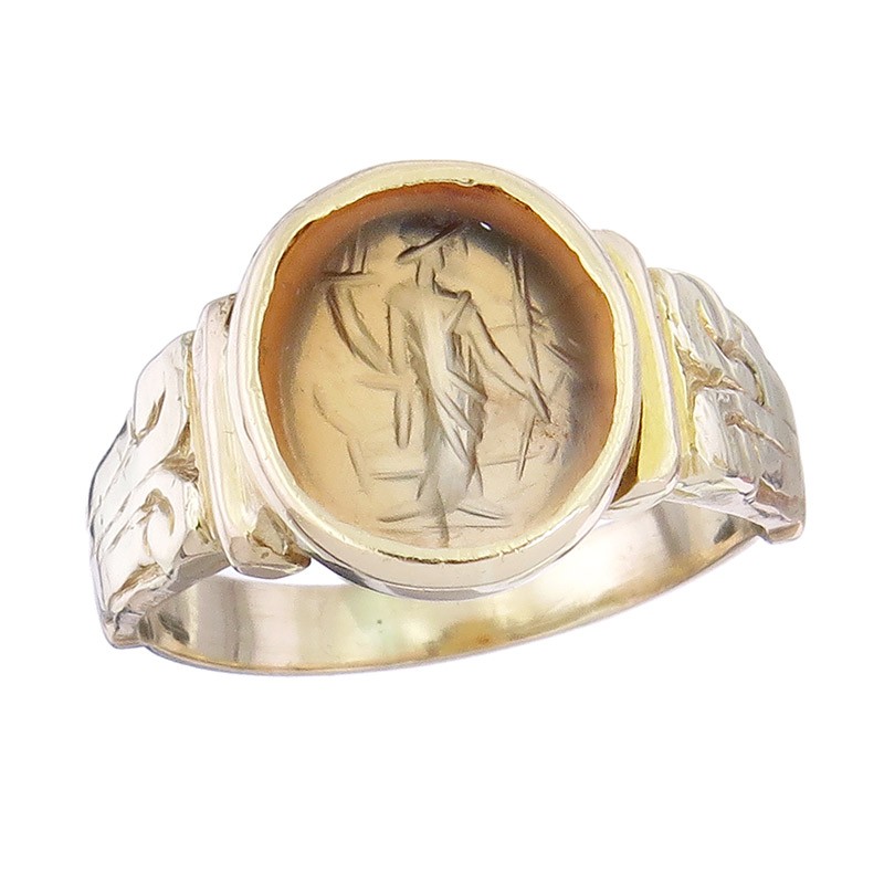 Signet Ring Colour Stone Figurine 750 Yellow Gold Antique
