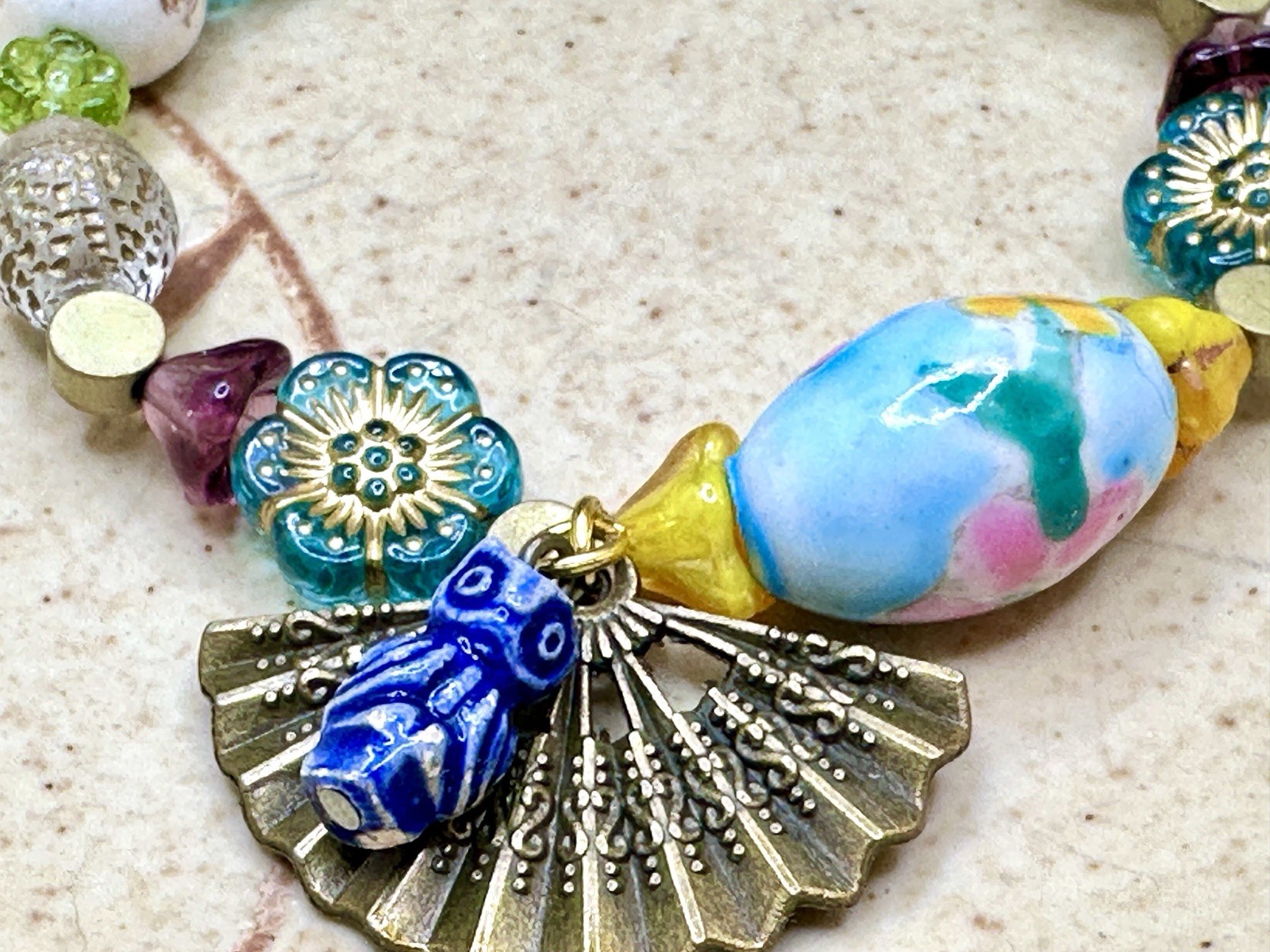 Multicolor Beaded Bracelet w/Czech Glass, Porcelain, Brass Accents & Owl Dangle