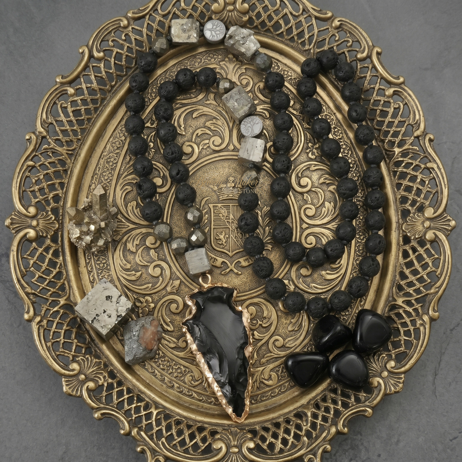 Black Obsidian Arrowhead Necklace Men Lava Pyrite Bead Protection Talisman 36″