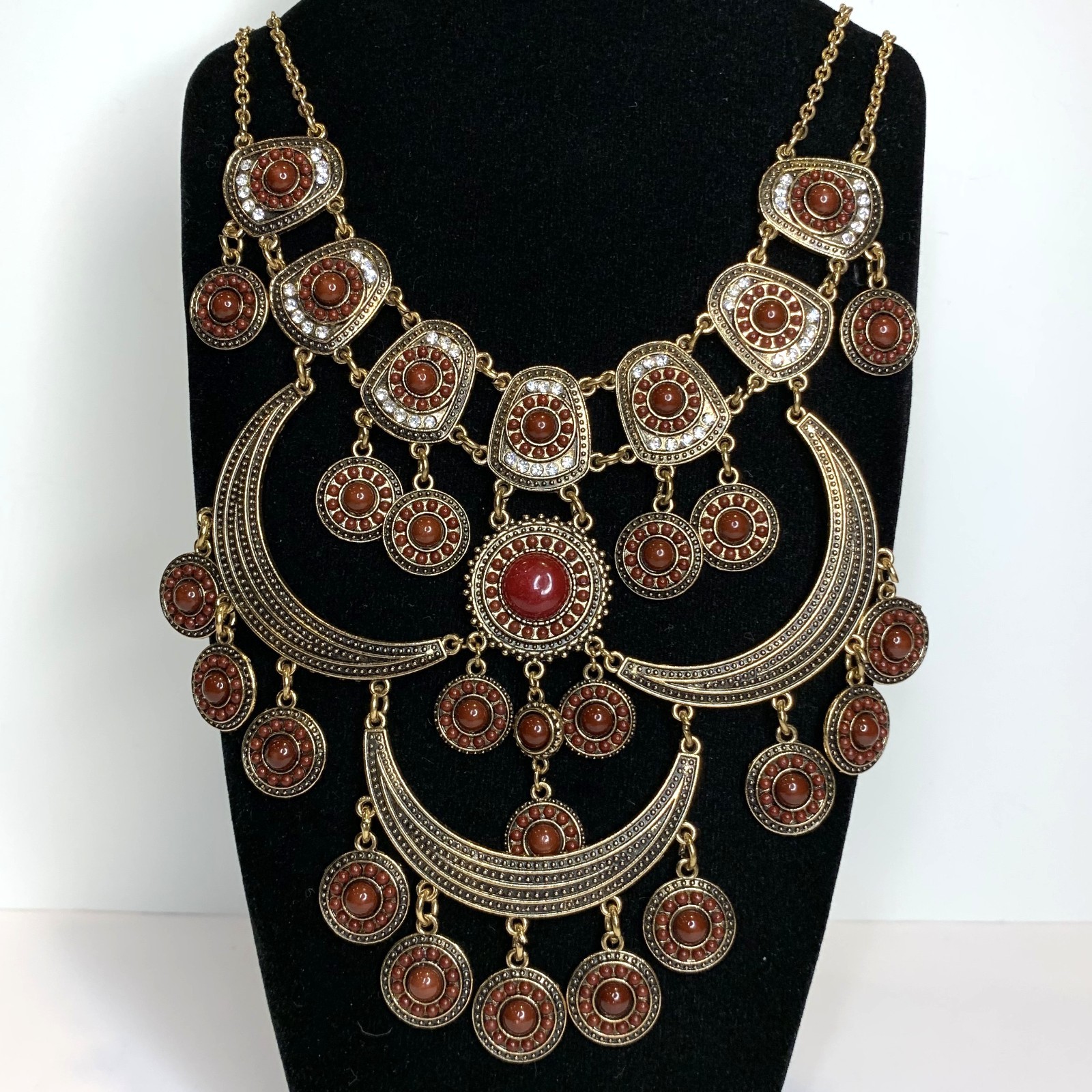 Boho Style Gold Tone Bib Statement Necklace Crescent Shapes w/ Maroon Medallions