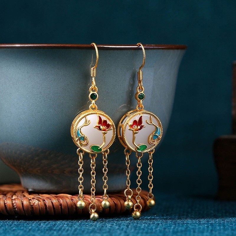 Traditional Gold-Plated Enamel Peace Lock Earrings with Tassels Chinese Style-