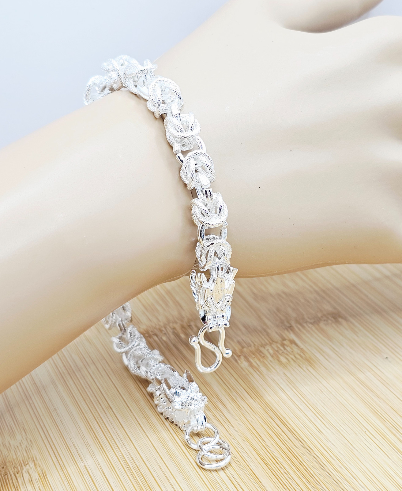 Bracelet 8.5-9.5 in .925 Sterling Silver Byzantine Link Double Dragon Head 35 gr