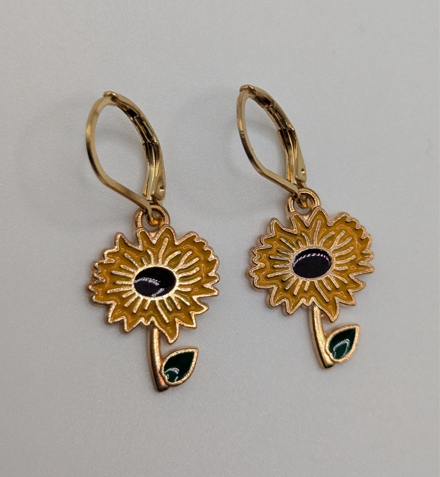 Sunflower Dangle Drop Earrings, 24K gold plated leverbacks, enamel