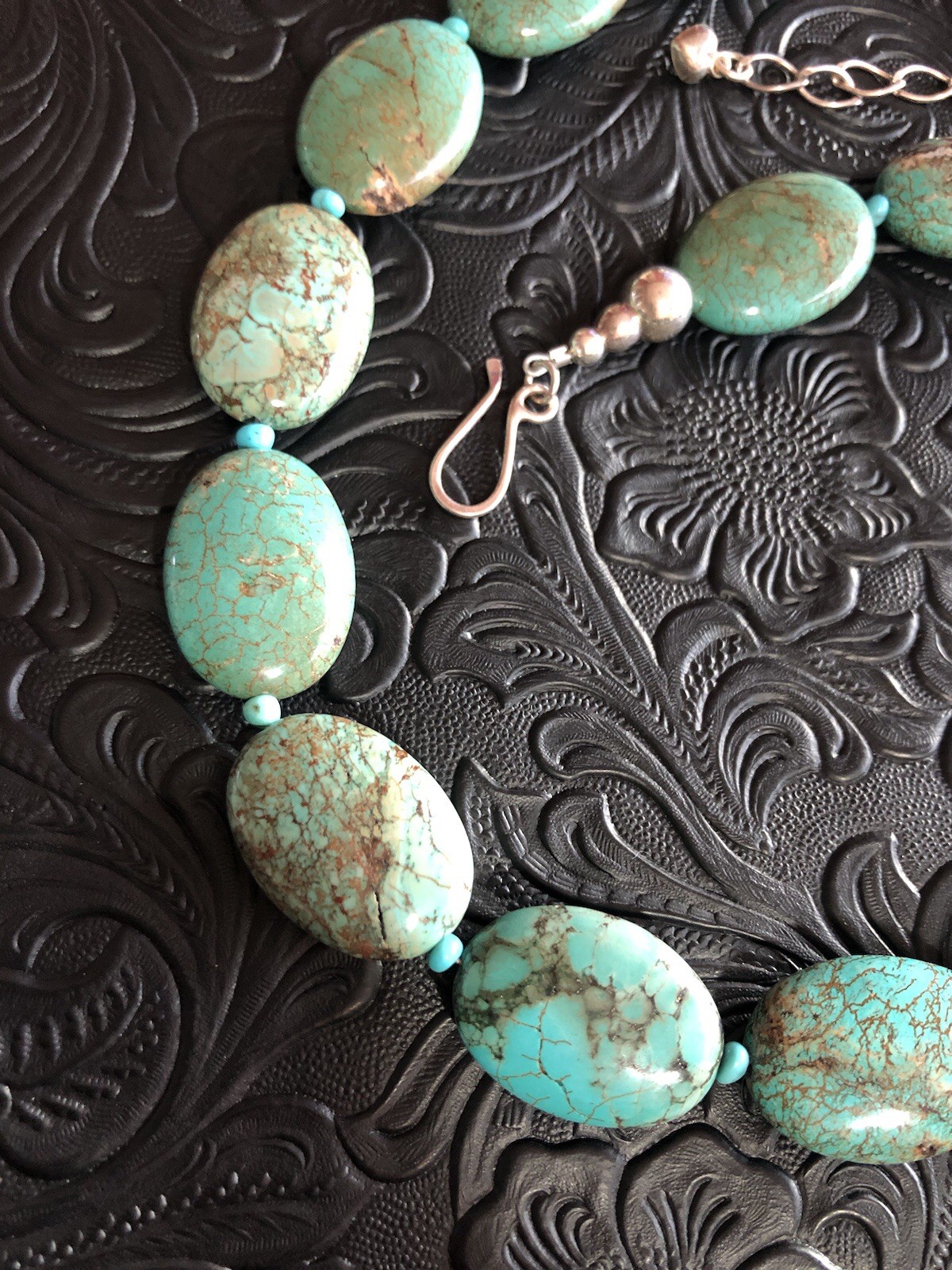 Hubei Turquoise Oval Nuggets 18”-21” Heavy Bead Necklace DR925 Hook Clasp