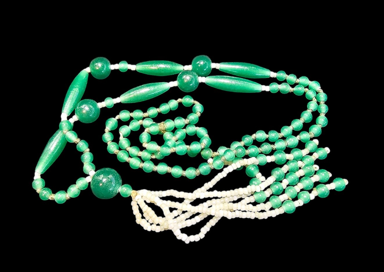 Antique 1920-30s Art Deco Sautoir Green White Uranium Glass Bead Tassel Necklace