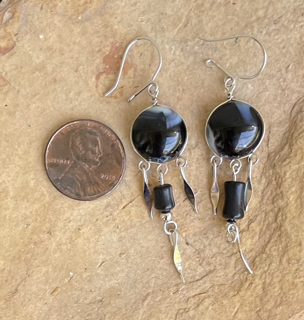 Peruvian Black White Swirl Glass Necklace Black Glass Earrings Set Hand-crafted