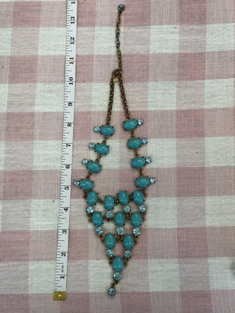 Blue Cabochon & Rhinestone Bib Statement Necklace Gold Tone Adjustable