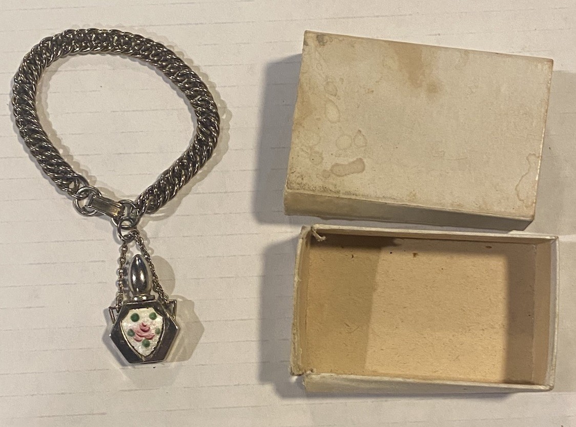Vintage Perfume Flask Charm Bracelet With Enamel Rose Gold Tone ~1950’s