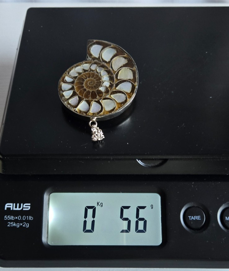 Large Ammonite Fossil Pendant with Mother of Pearl Inlay Silver 925 Frame 56 gr