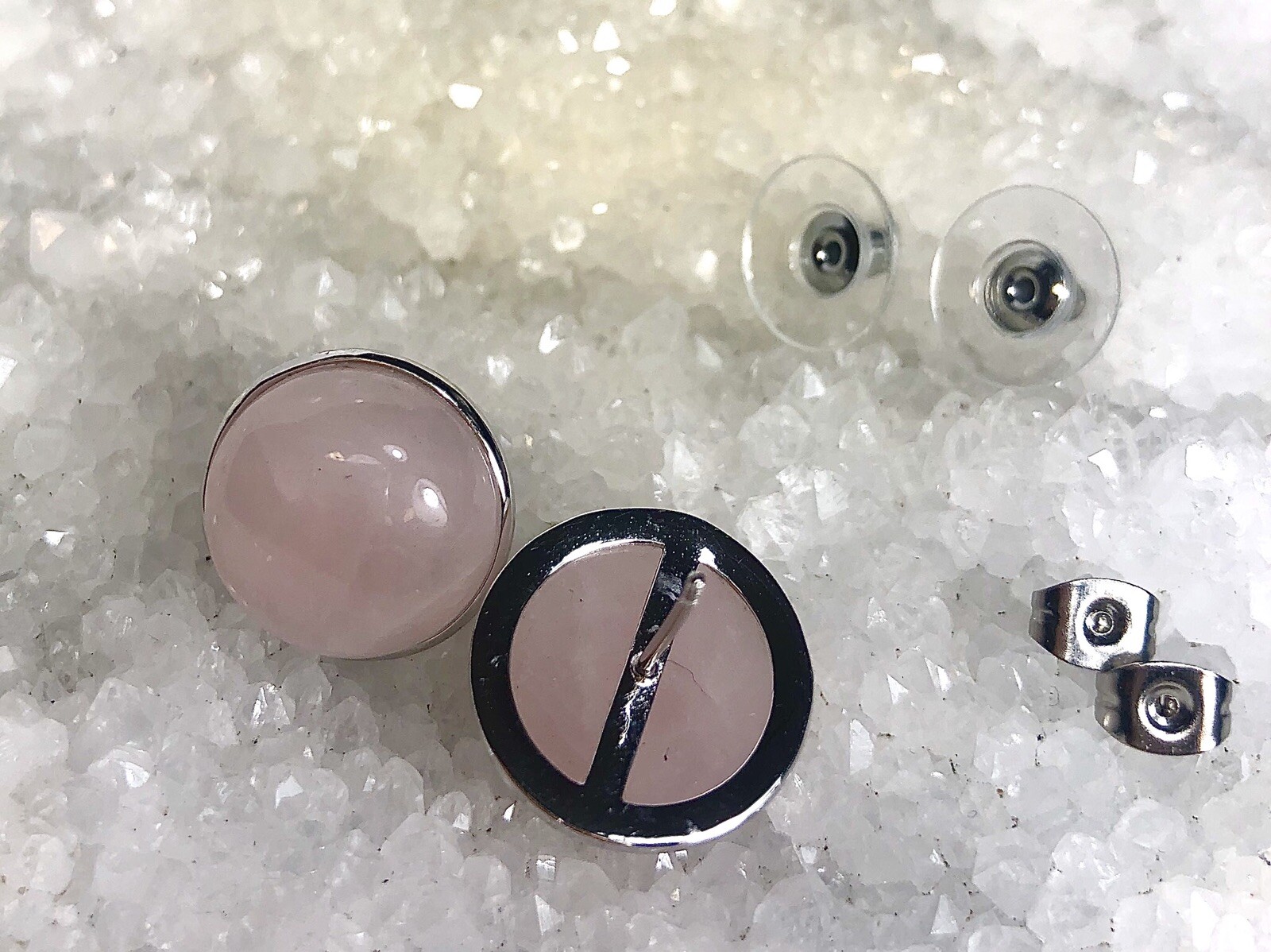 15mm Natural Rose Quartz & Sterling Silver 925 Setting Earring StudS