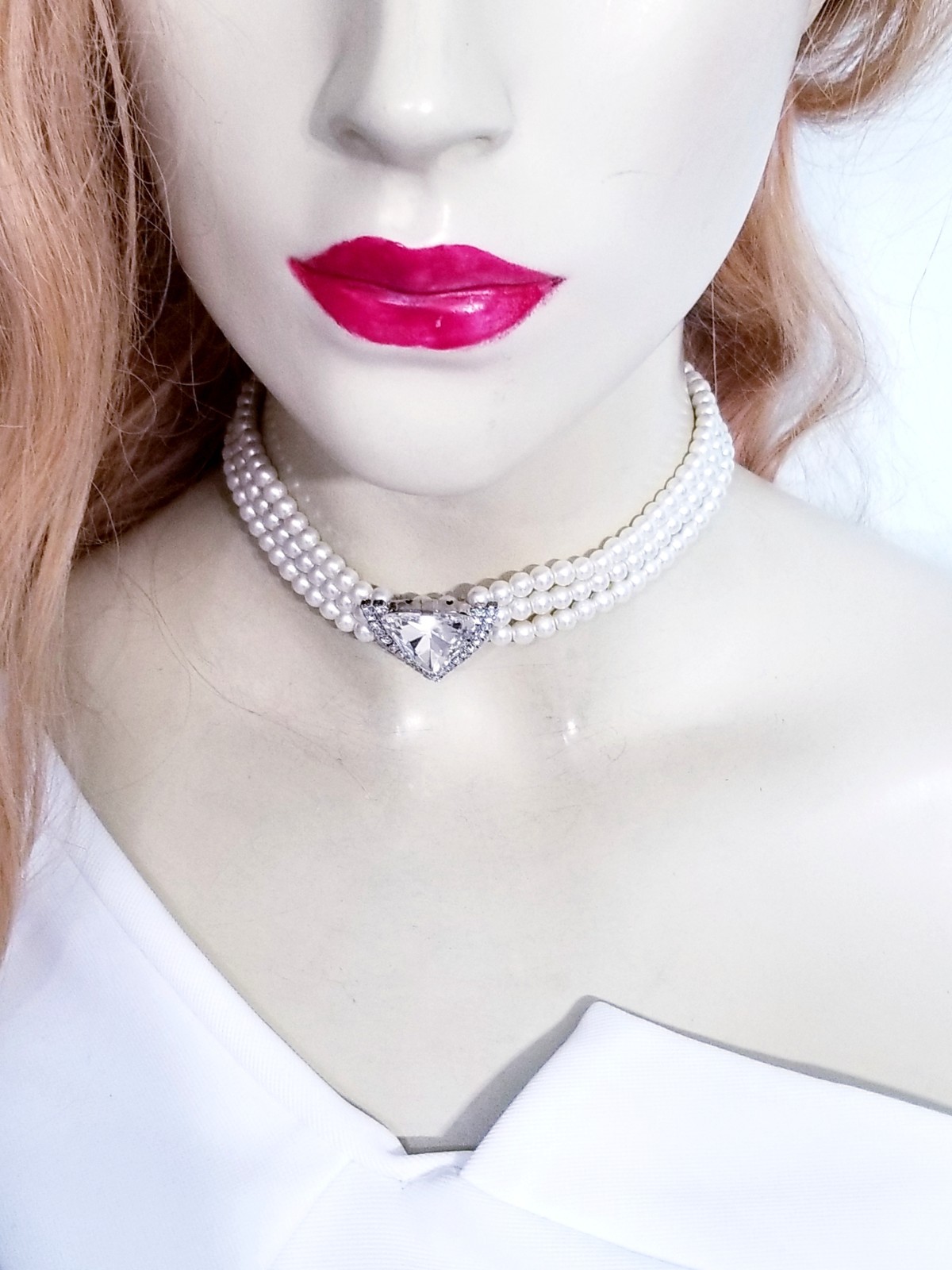 Clear Crystal Choker Rhinestone Created Pearls Necklace Bridal Prom Pageant