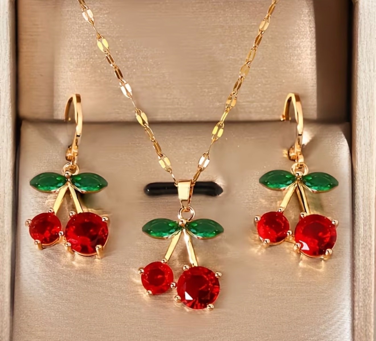 Cherry Necklace & Earrings Set 3pc Red Fruit Jewelry Gift for Women Girls Y10