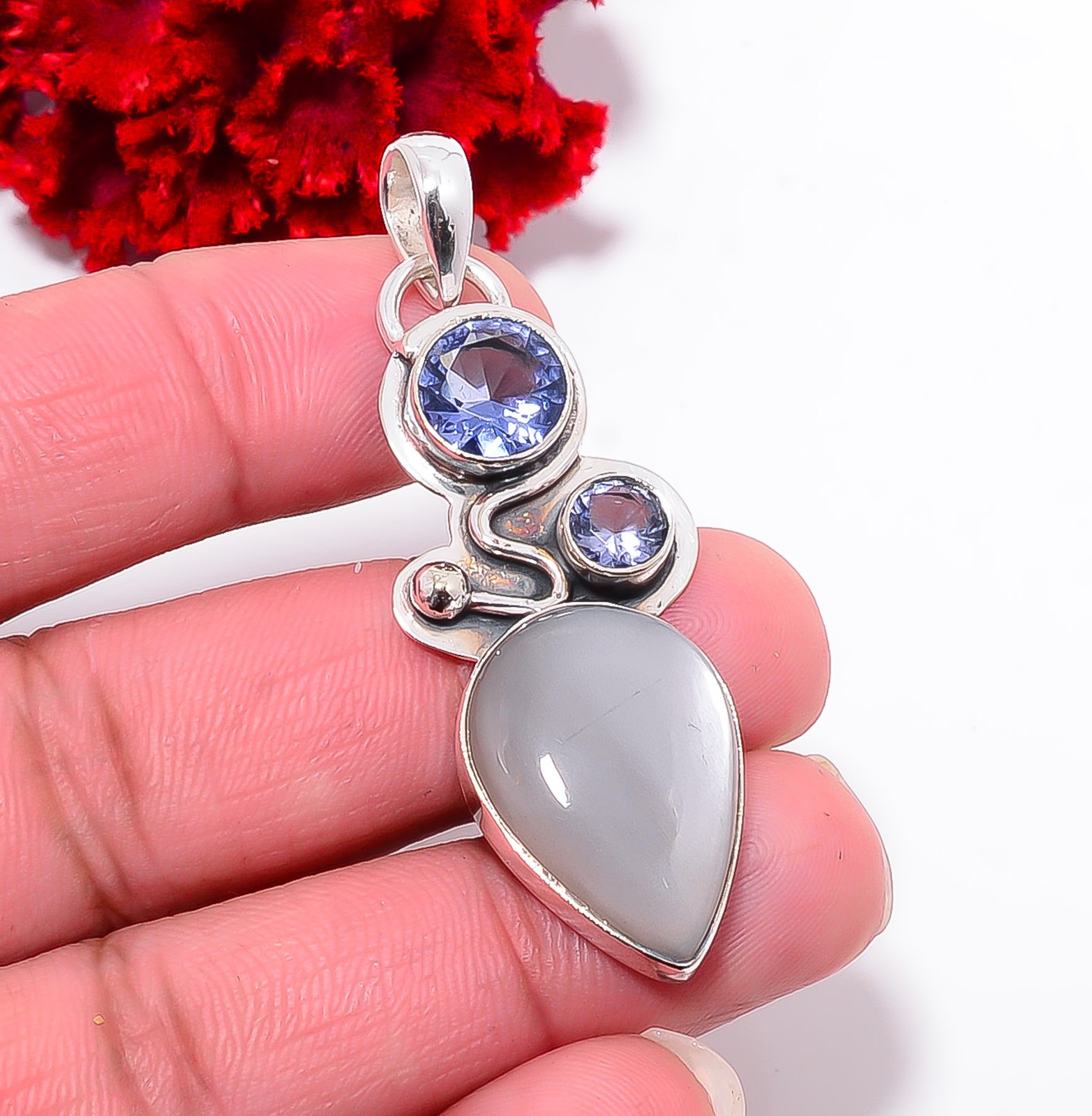 Gray Moonstone – Sri Lanka & Iolite 925 Sterling Silver Pendant 2.11″ P94331
