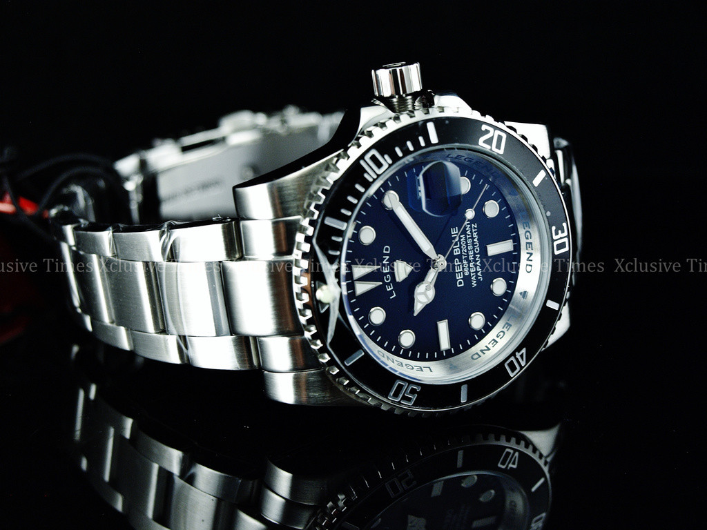 RARE Legend Men 200m Deep Blue Diver Midnight Black Dial Quartz SS Watch