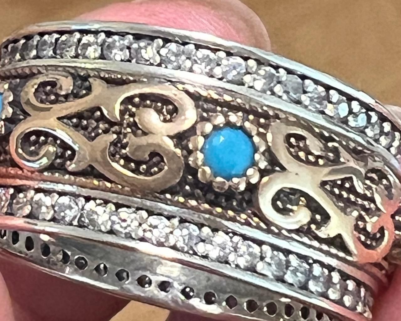 REAL Blue Turquoise & Diamond SOLID 14K Gold 925 Band Ring Etruscan Rev. Size 11