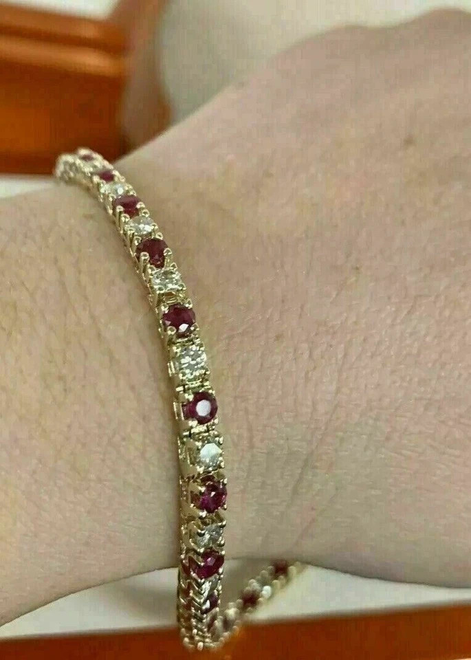 Natural Ruby & Diamond Round Cut Tennis Bracelet 6 1/2 in 14k Solid Yellow Gold
