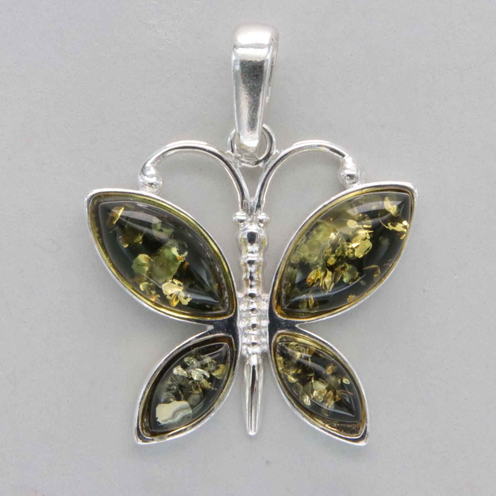 Green BALTIC AMBER Butterfly Pendant – 925 STERLING SILVER #3042e