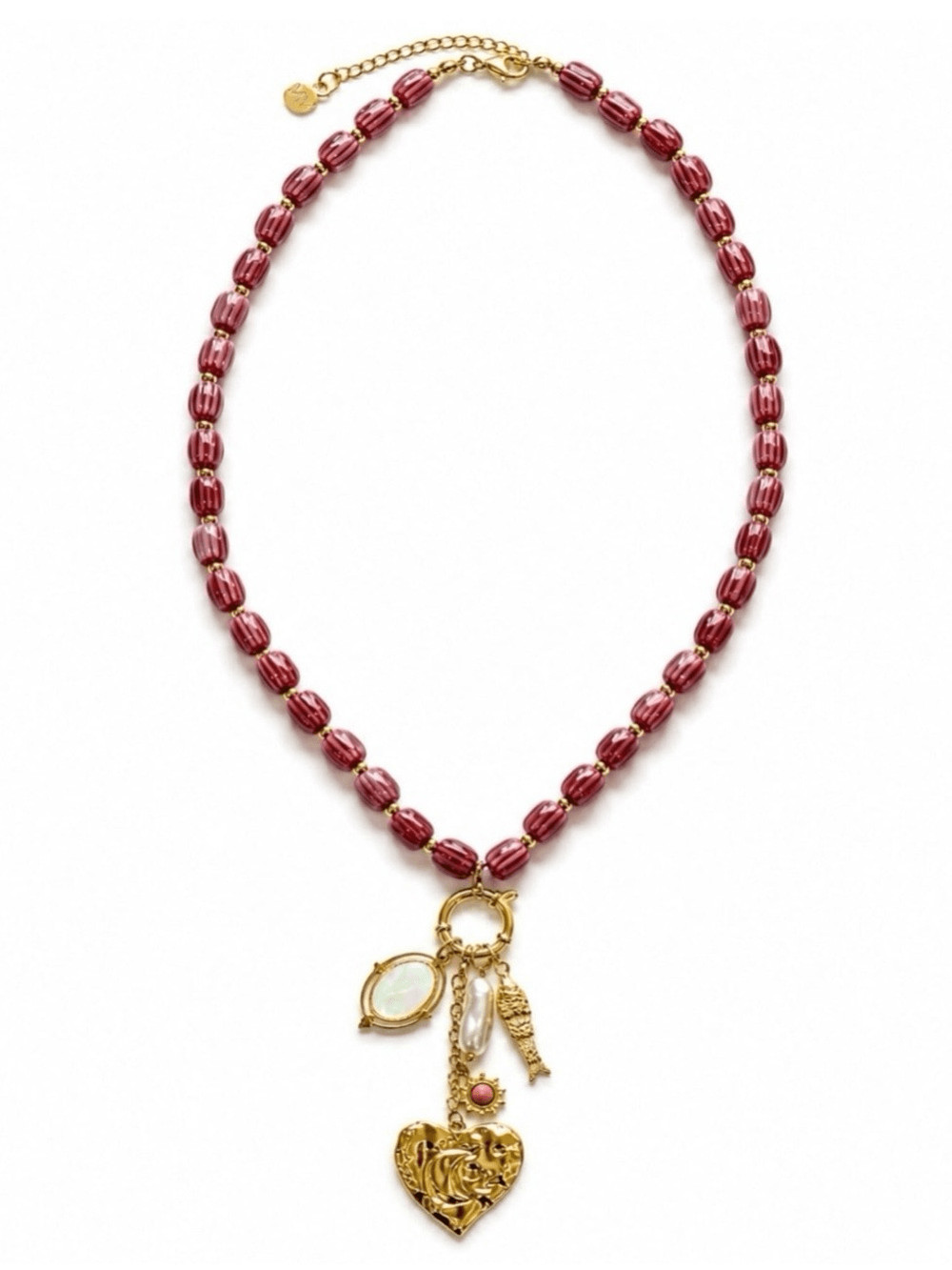 Gold Charm Necklace with Burgundy Ceramic Beads (fish, heart, freshwater pearl)