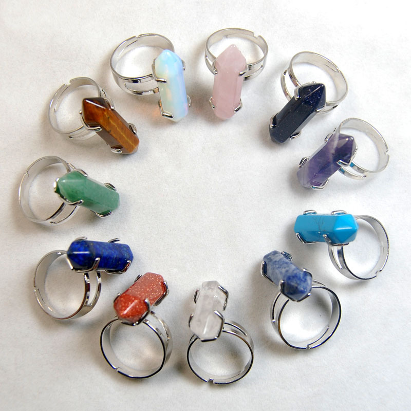 Natural Gemstone Hexagonal Healing Point Reiki Chakra Prong Setting Ring 1pcs