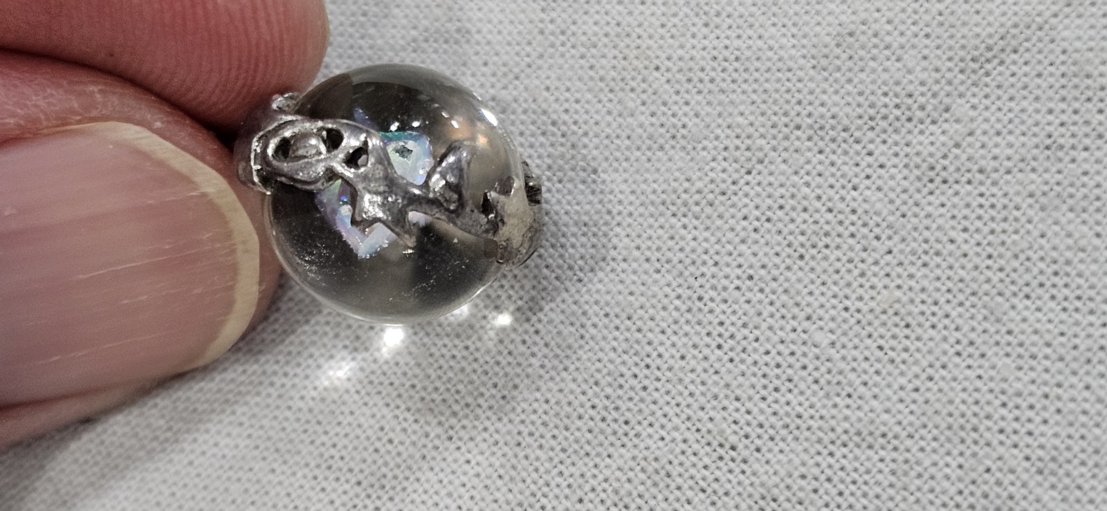 Antique Vintage Crystal Orb W/ Minerals Moon Star & More Sterling Bead Pendant