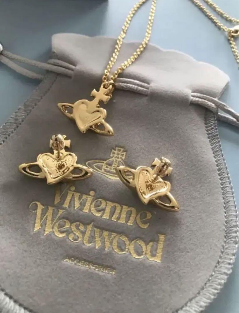 Vivienne Westwood Diamante Heart Necklace Earrings Set White Gold NO BOX [EJ509