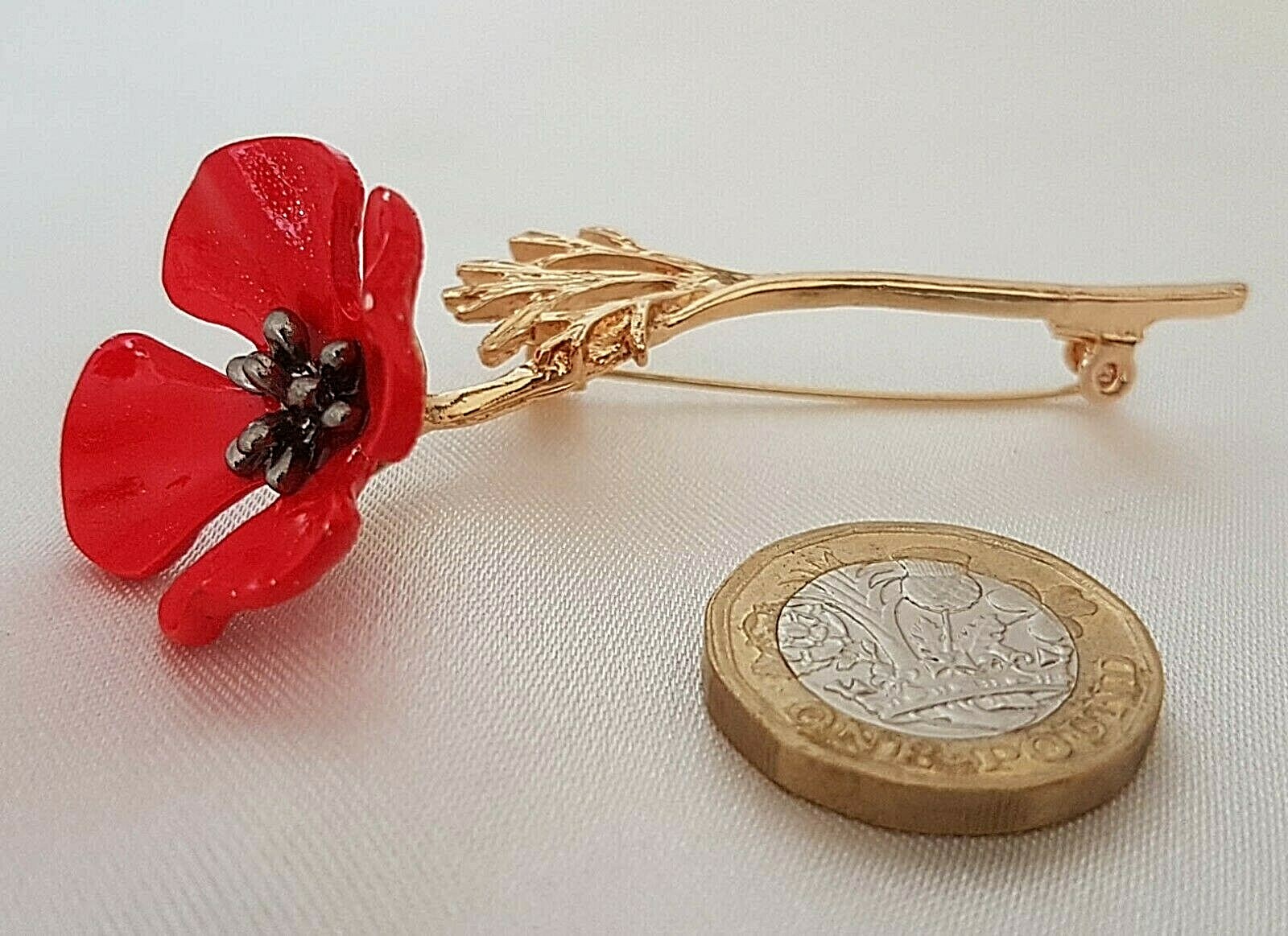 Enamel Red Poppy on Gold Stem Approx 75mm x 30mm By CassysJules