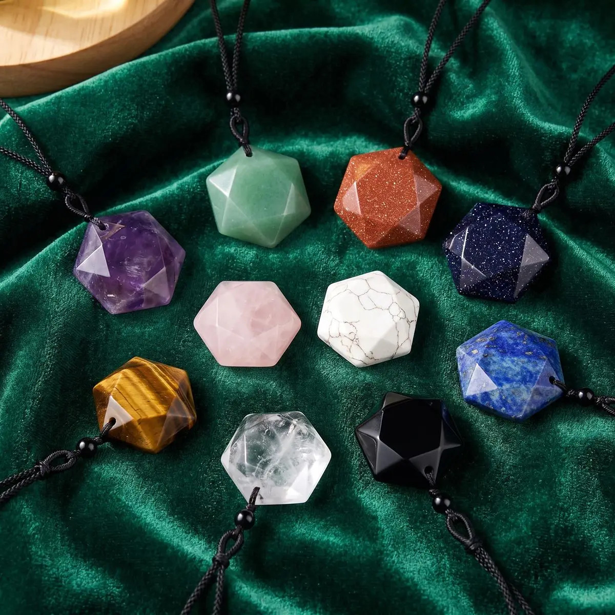6PCS Hot Sale Mixed Gemstones Star Hexagon Shape Necklaces Adjustable Cord