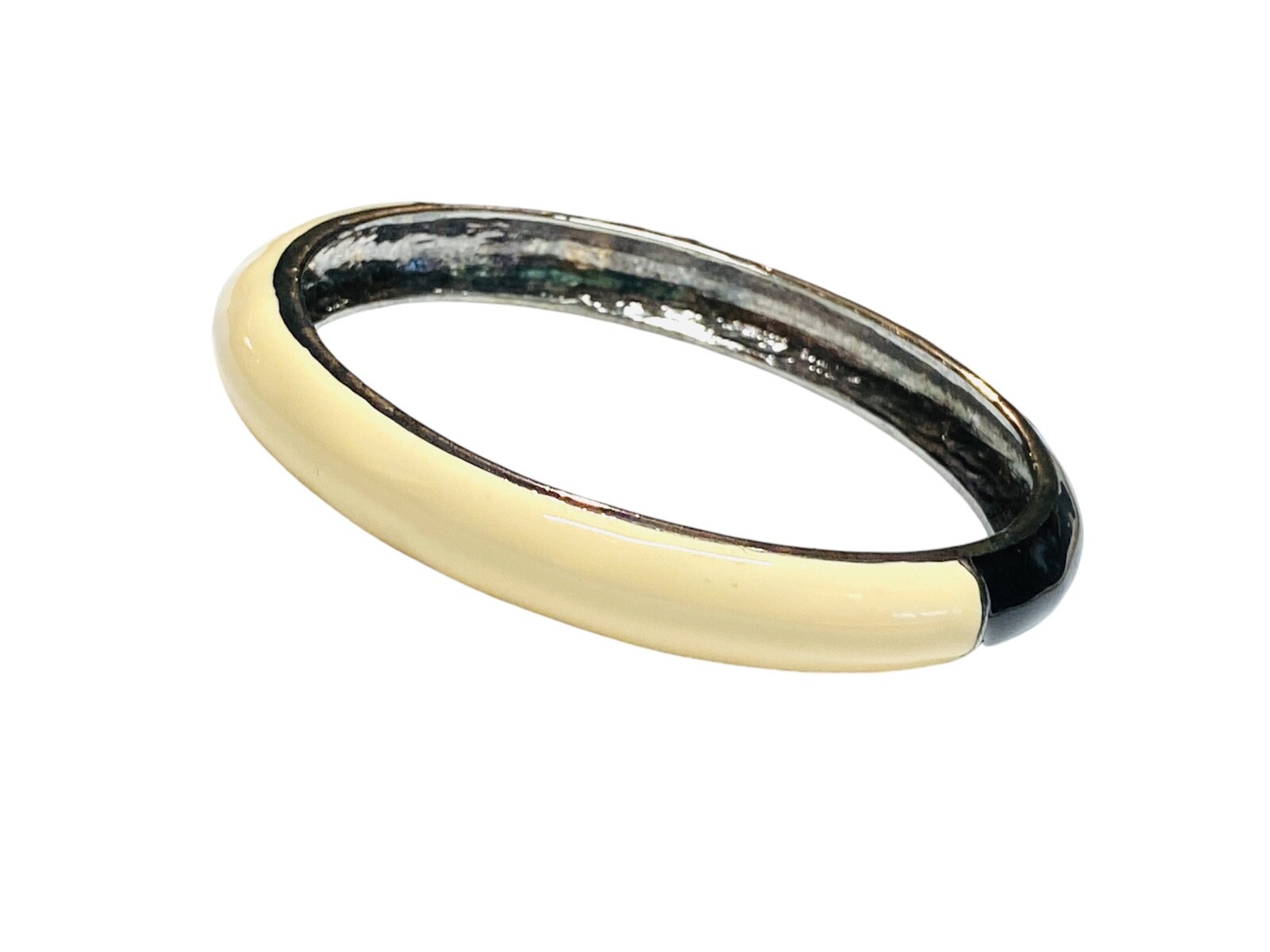 Vintage Black & Cream White Enamel Silver Tone Bangle Hinged Bracelet Clamper