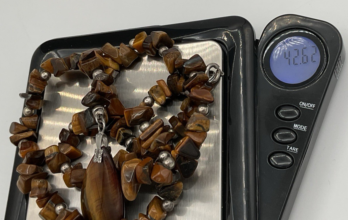 Tiger Eye Stone Necklace 17″ And Pendant 43.3g NICE Fast Free Shipping!