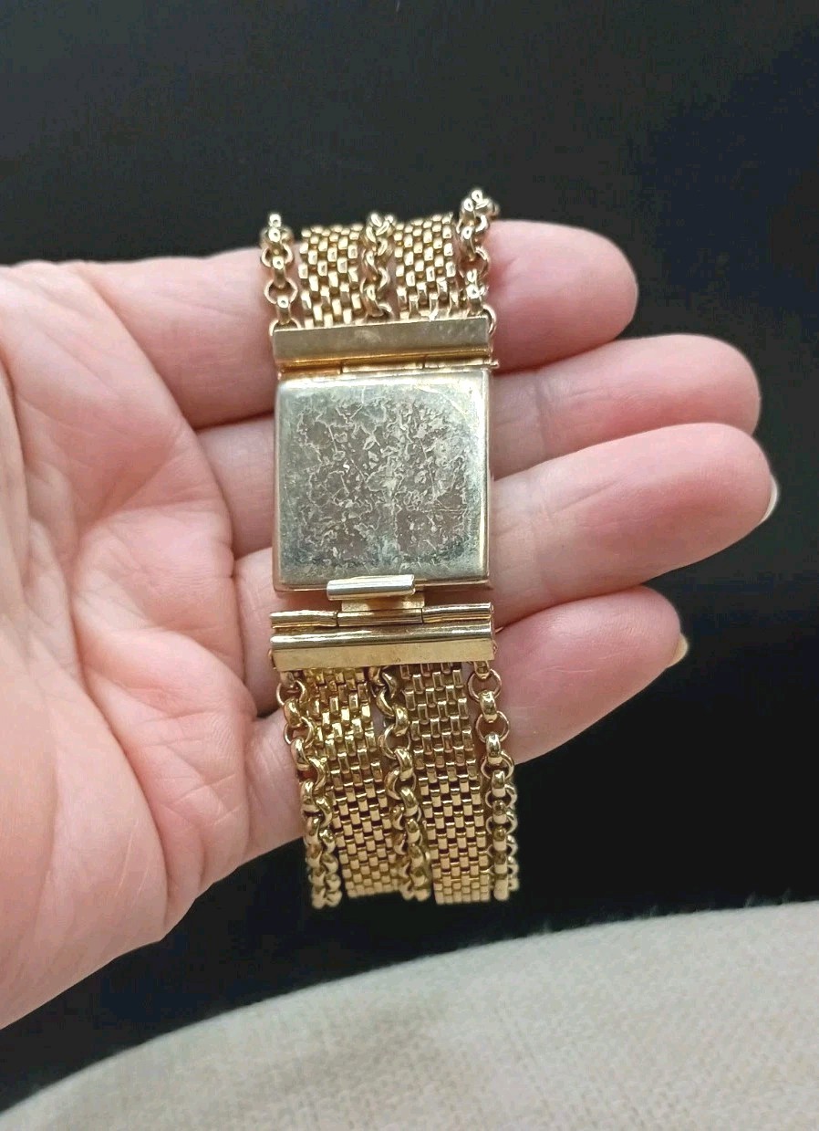 Vintage Reinad Gold Tone Mesh Wide Bracelet 7.5″ Multi Strand Push Lock