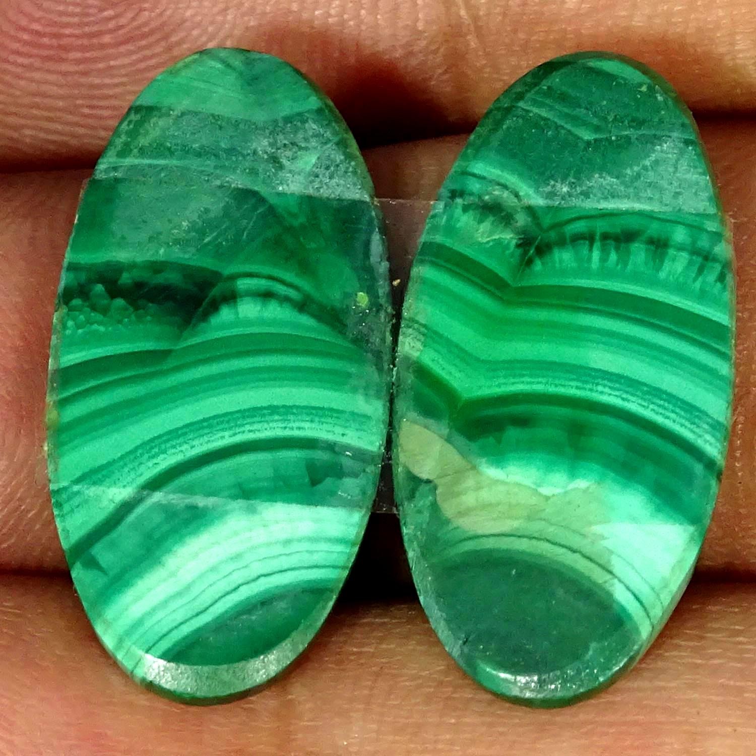 23.10Cts Natural Green Malachite Oval Cabochon Pair Gemstone 13X26X3MM