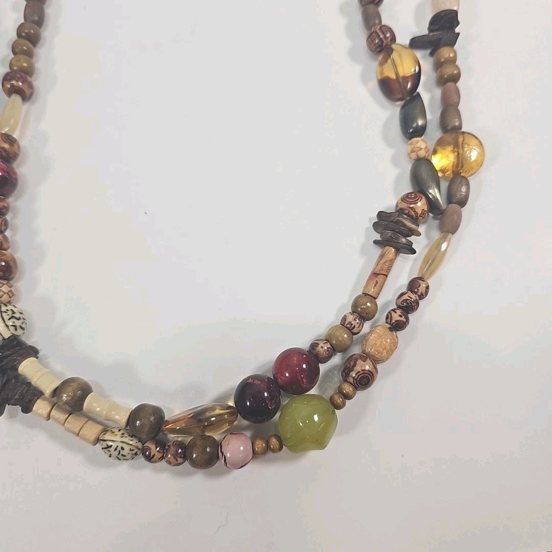 Boho Beaded Necklace Multi Strand Earth Tone Wood Statement 21”