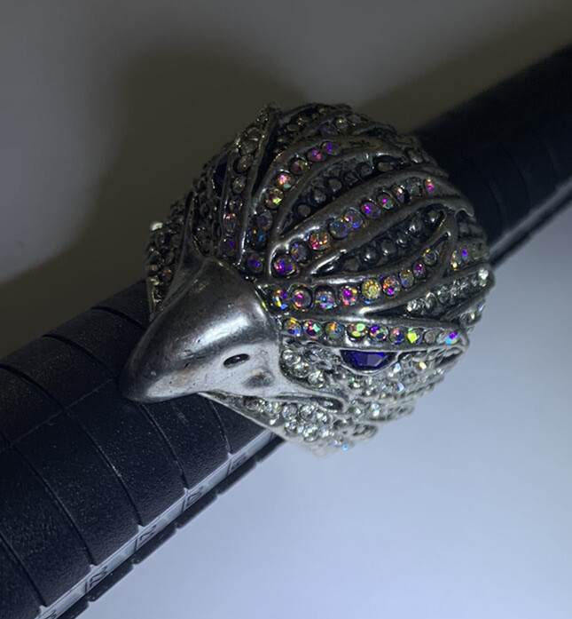 ST & Crystal Eagle Ring W/ Blue Sapphire Rhinestone Eyes, Aurora Borealis Crown
